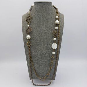 Necklace Bronze Toned Faux Pearl Mother Of Pearl Asymmetrical Varied Link Chain